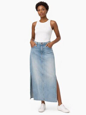 Oliver Logan Mid Rise Denim Maxi Skirt Blue Wash Side Slit Straight Fit Sz 31